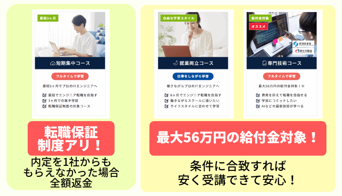 DMM WEBCAMPでは全額返金保証・給付金対象コースもある